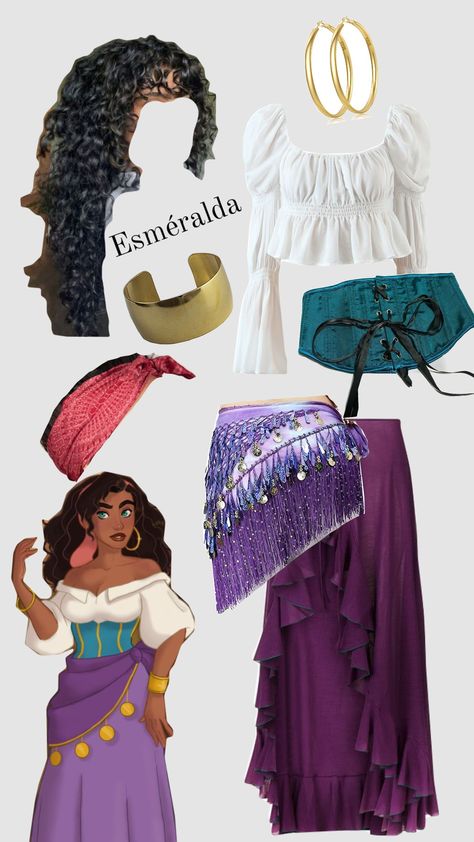 #esmeralda #gypsy #hunchbackofnotredame #costumeidea #costumeinspo Merida Halloween Costume College, Esmeralda Disney Outfit, Esmerelda Halloween Costume, Esmerelda Costume Diy, Esmeralda Halloween Costume, Costumes With Curly Hair, Esmeralda Disney Costume, Esmeralda Disneybound, Simple Disney Costumes