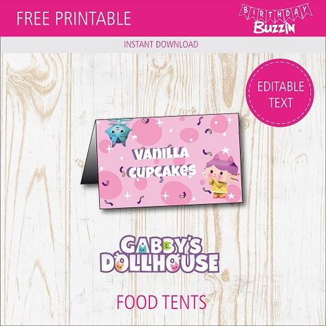 Free Printable Gabby’s Dollhouse Food Tents | Birthday Buzzin Gabby Dollhouse Free Printable, Gabbys Dollhouse Birthday Party Free Printables, Gabbys Dollhouse Free Printables, Gabby Dollhouse Food Ideas, Free Gabby Dollhouse Printables, Gabby Dollhouse Birthday Games, Gabby Dollhouse Printable, Gabbys Dollhouse Birthday Party Food, Gabby Dollhouse Printable Images