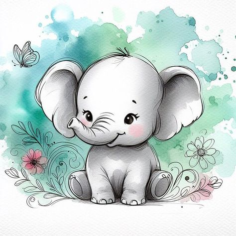 Cute Elephants Drawings, Watercolour Cute Animals, Cute Elephant Cartoon, Baby Elephant Drawing, Elephant Printable, Baby Animal Drawings, Watercolor Forest, Elephant Illustration, Art Tutorials Watercolor