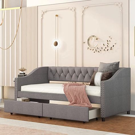 Twin Daybed With Storage, Twin Bed With Drawers, Grey Beds, Daybed Twin, Twin Size Daybed, Bed Daybed, Daybed With Drawers, Twin Daybed, Wood Daybed