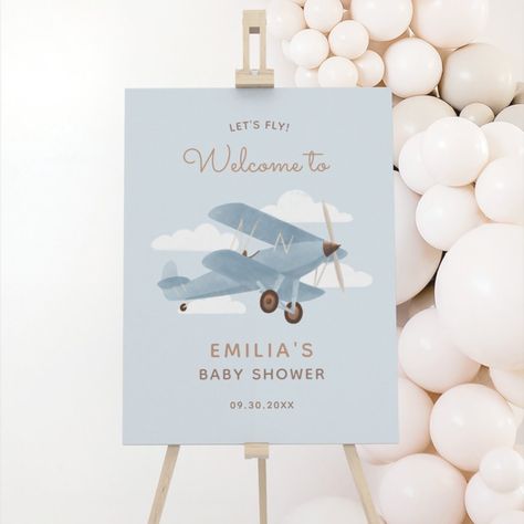 Welcome guests to your baby shower with this welcome sign, featuring a vintage airplane, perfect for a travel-themed event. Airplane Baby Shower Theme, Vintage Airplane Baby Shower, Travel Baby Showers, Airplane Baby Shower, Travel Airplane, Airplane Theme, Airplane Baby, Bird Designs, Baby Shower Sign