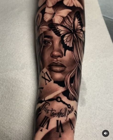 Lion Eyes Tattoo Forearm Women, Coverup Tattoo Ideas For Women Cover Up Half Sleeves, Female Face Tattoo Design, Woman Face Sleeve Tattoo, Realism Tattoo Sleeve Women, Half Woman Half Skull Tattoo, Portrait With Flowers Tattoo, Large Tattoos For Women, Parents Tattoo Ideas