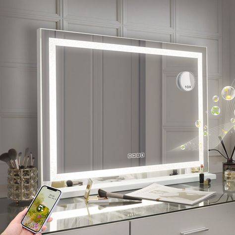 Ivy Bronx Assis Rectangle LED Metal Mirror | Wayfair.co.uk Light Up Mirror Vanity, Bluetooth Vanity Mirror, Hollywood Mirror With Lights, Lights Around Mirror, Makeup Vanity Mirror With Lights, Vanity Mirror With Lights, Classy Bedroom, Hollywood Mirror, Desk Mirror