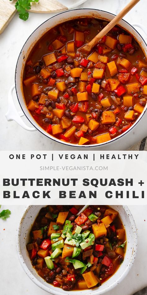 Black Bean Butternut Squash, Squash Chili Recipe, Butternut Squash Chili Recipe, Butternut Squash Black Bean, Chili Recipe Stovetop, Squash Chili, Chili Vegan, Butternut Squash Chili, Vegan Butternut Squash