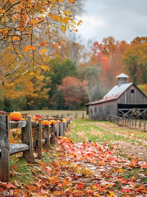 Rustic Autumn Barn Photography Backdrop - Photography backdrop featuring a rustic barn with a wooden fence lined with pumpkins Autumn On The Farm, Mood Board Photography, Autumn Scenes Country Life, Barn Pictures Ideas, Autumn Scenery Landscape, Fall Backdrops For Pictures, Fall Homestead, Autumn Landscape Photography, Fall Meadow