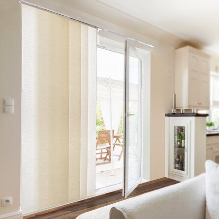 Sliding Glass Door Window Treatments, Open Closets, Contemporary Window Treatments, Contemporary Window, Wall Dividers, Sliding Glass Door Window, Panel Track Blinds, Basement Window, Trendy Fabric