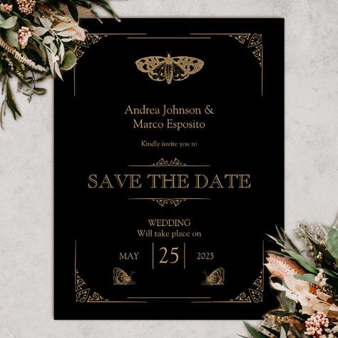 Victorian Moth Black Gothic Wedding Save the Date Victorian Wedding Invitations, Halloween Victorian, Moody Wedding Invitations, Vampire Wedding, Gothic Wedding Invitations, Wedding Magnets, Wedding Magnet, Goth Wedding, Save The Date Template