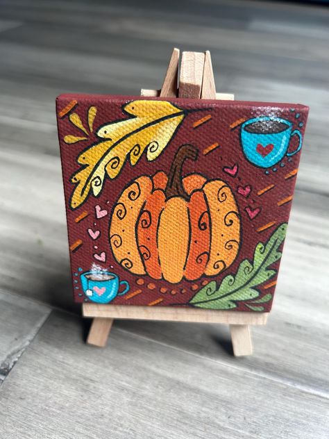 Hand-painted mini canvas, easel included!🧡 Thanksgiving Mini Canvas Paintings, Cute Fall Paintings Easy, Mini Christmas Canvas Paintings, Easy Autumn Paintings, Halloween Canvases, Cute Little Paintings, Mini Canvas Art Easy Cute, Canvas Easel, Fall Canvas Art