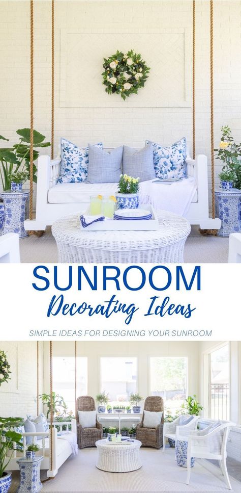 Blue And White Sunroom Decorating Ideas, Carolina Room Decorating Ideas, Blue Sunroom Ideas, Blue And White Sunroom, Sunroom Chair, Sunroom Decorating Ideas, White Sunroom, Indoor Sunroom, Farmhouse Sunroom