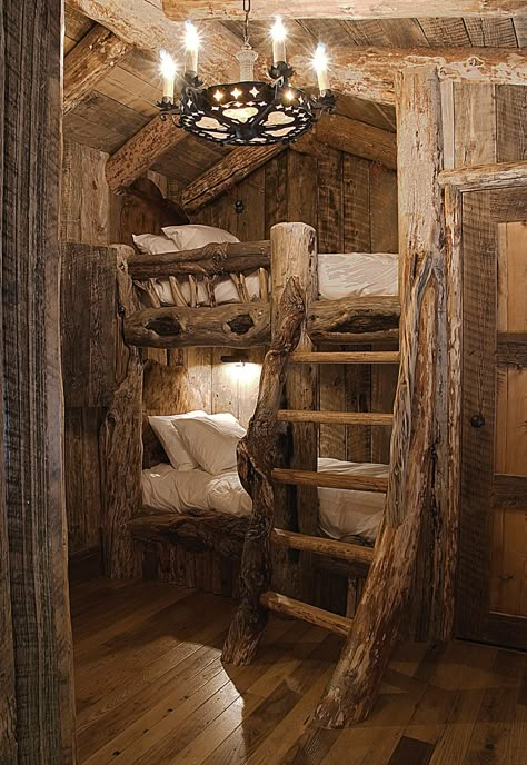 It would be insanely cool to do a small cabin in the backyard with bunks like this for the kids as a clubhouse!  They could have sleepovers with friends and it could include a trundle under the bottom bunk! Rustic Bunk Beds, Built In Bunks, Bunk Room, Lodge Decor, Cabin Life, Rustic Cabin, Cabin Homes, Cabins In The Woods, Bunk Bed