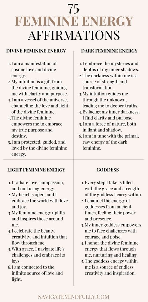 75 Feminine Energy Affirmations to Awaken Your Inner Goddess Energy Affirmations, Powerful Feminine, Healing Journaling, Divine Feminine Spirituality, Healing Affirmations, Empowering Words, A Course In Miracles, Energy Healing Spirituality, Deep Truths