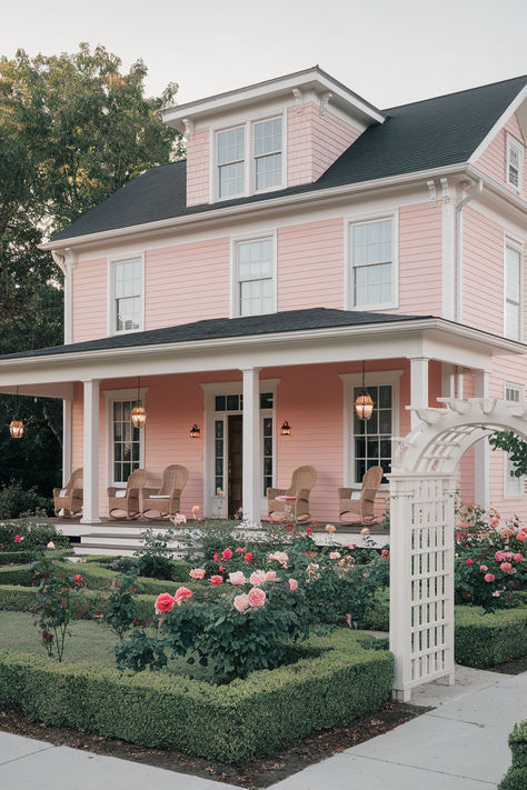 The 107 Best Exterior House Colors Pink Home Exterior, Home Exterior, Exterior House Colors, Exterior House, House Colors, Bungalow, Favorite Color, House Exterior, Porch