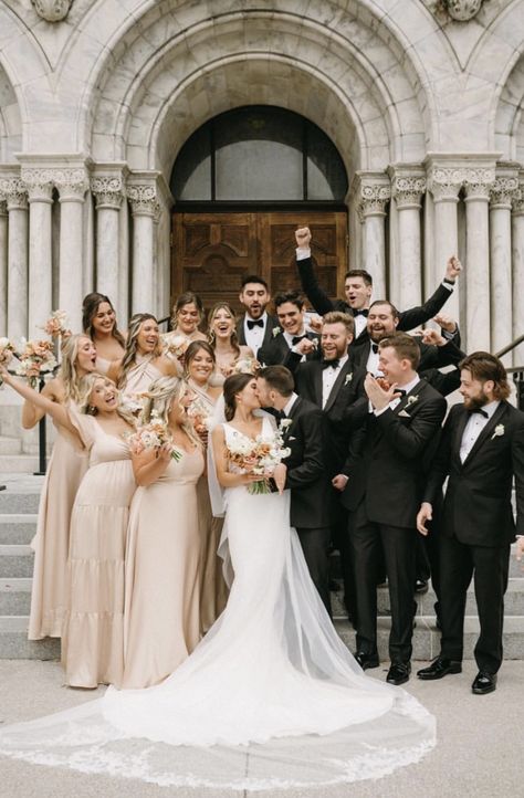 Bride And Groom Group Photos, Wedding Colours Champagne, Champagne Bridesmaid Dress With Black Suit, Sand Bridesmaid Dress With Groomsmen, Ivory Bridesmaid Dresses With Groomsmen, Neutral Bridesmaid And Groomsmen, Fall Wedding Neutral Color Scheme, Champagne And Neutral Wedding, Champagne Wedding Colors Groomsmen