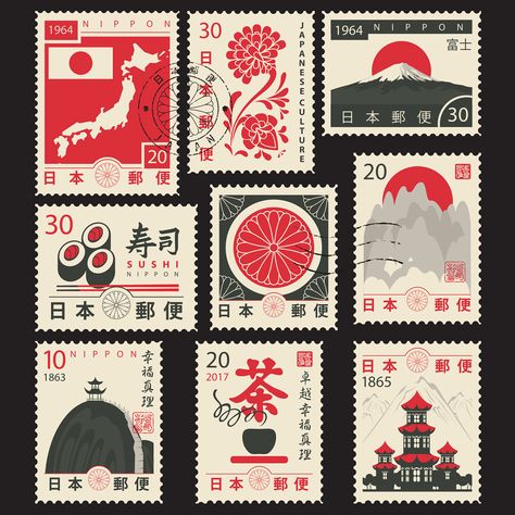 Japanese Symbols Postage Stamp Fabric Panel Variation 1 - ineedfabric.com Asian Symbols, Japanese Symbols, طوابع بريد, Japanese Chrysanthemum, Japanese Stamp, Postage Stamp Design, Japanese Symbol, Japan Tattoo, Fabric Stamping