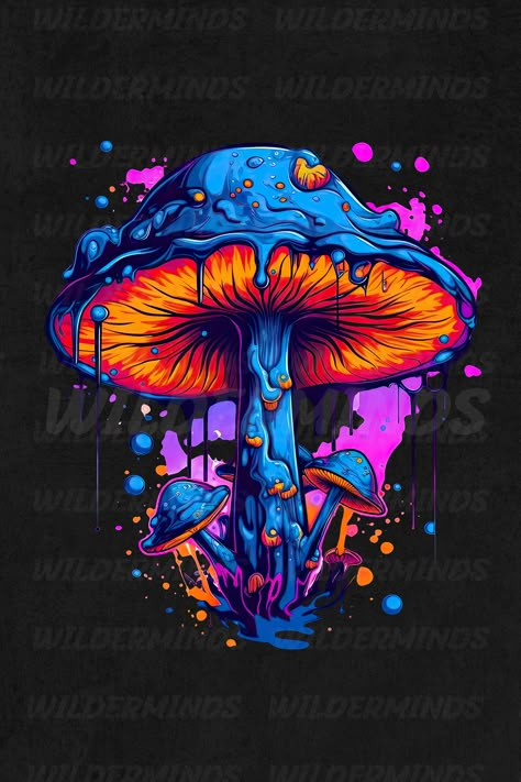 vibrant mushroom design made on a transparent background with blue and purple colors. In in a cartoonish style and a hint of graffiti style and dripping paint. Very vibrant and colorful design that can be used for printing on various products. Physcadelic Mushrooms, Mushroom Psychedelique Art, Trippy Forest Tattoo, Mushroom Tripping Art, Trippy Mushroom Drawing, Trippy Art Ideas, Trippy Graphic Design, Colorful Mushroom Art, Trippy Mushroom Art