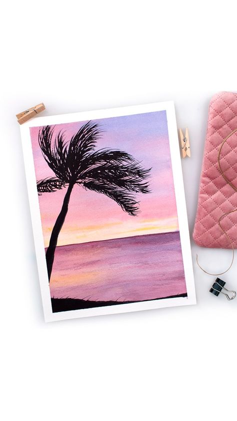 Watercolour Silhouette Painting, Watercolor Palm Tree Sunset, Bujo Painting, Boho Art Painting, Cheer Workouts, Trees Painting, Palm Trees Painting, Palm Tree Sunset, Palm Tree Silhouette