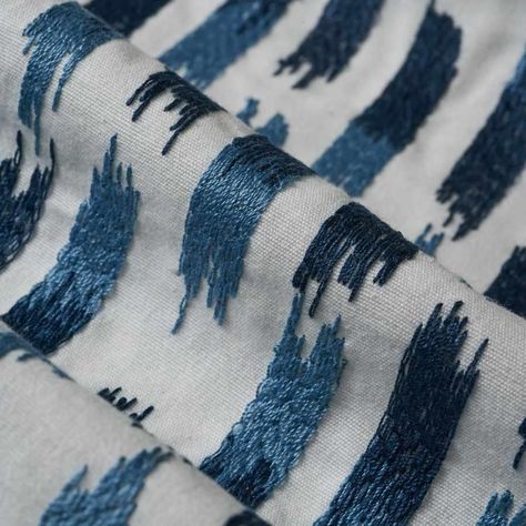 Broken ikat stripe embroidered on a cotton faille. Available to the interior design trade through www.fabricut.com/trend Ikat Embroidery, Paisley Upholstery, Trend Fabrics, Striped Upholstery, Schumacher Fabric, Drapery Hardware, Crewel Embroidery, French Blue, Blue Paisley