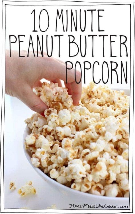 10 Minute Peanut Butter Popcorn Chocolate Peanut Butter Popcorn, Honey Popcorn, Peanut Butter Popcorn, Healthy Popcorn, Vegan Pantry, Vegan Snack Recipes, Peanut Butter Dog Treats, Peanut Butter Honey, Butter Popcorn