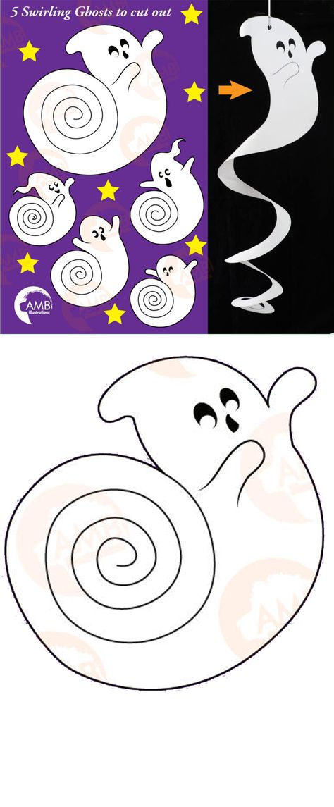 Swirling Ghosts to cut out. Halloween Paper Craft Diy Printable Spinning Ghost Template, Halloween Sablon, Paper Ghosts, Paper Halloween Decorations, Veselý Halloween, Ghost Printable, Halloween Cut Outs, Printable Halloween Decorations, Moldes Halloween