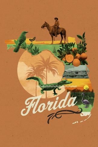 size: 18x12in Art Print: Florida - State Photomontage - State Series by Lantern Press : Tampa Florida, Tampa, Florida, Art Print, Art Prints, Art