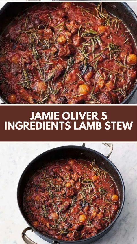 Jamie Oliver 5 Ingredients Lamb Stew is made with lamb shoulder, fresh rosemary, mixed-colour olives, silverskin pickled onions, and plum tomatoes. This hearty lamb stew recipe creates a delicious dinner that takes about 2 hours and 15 minutes to prepare and can serve up to 4 people.

This Lamb Stew Recipe Is From 5 Ingredients: Quick & Easy Food Cookbook by Jamie Oliver. Jamie Oliver 5 Ingredients, Lamb Stew Recipes, Lamb Shoulder, Lamb Stew, Jamie Oliver Recipes, 5 Ingredient Recipes, Giada De Laurentiis, Nigella Lawson, Stew Recipe