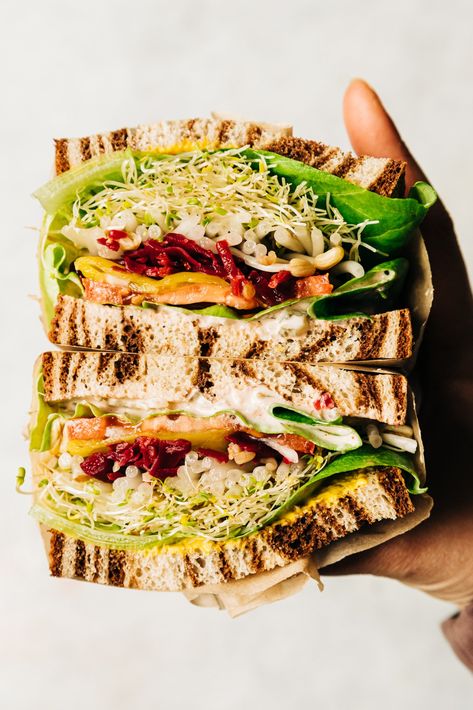 Sandwich Inspiration, Vegan Blt Sandwich, Vegan Sandwich Recipes, Grilled Portobello, Broccoli Sprouts, Fermented Vegetables, Vegan Mayonnaise, Veggie Sandwich, Summer Lunch