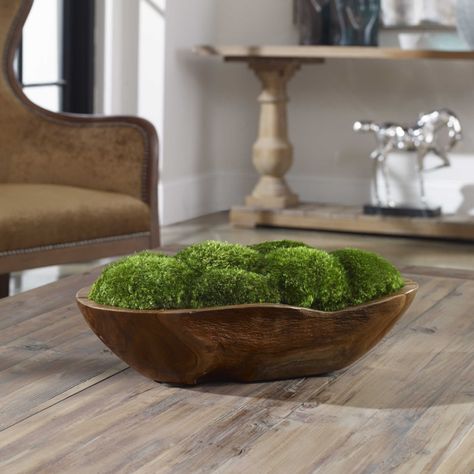 Beautifully preserved mounds of moss placed in a natural teak wood bowl. Because each is individually handcrafted, sizes may vary. Cracks and variations in the grain are natural to this type of wood. Wood Bowl Centerpiece, Moss Centerpiece, Uttermost Accessories, Moss Centerpieces, Type Of Wood, Teak Bowl, Moss Plant, Organic Furniture, Natural Teak Wood