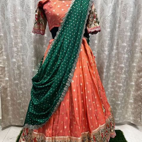 🕉️Hd🕉️ Beautiful tissue lehanga pythani border lehanga paired with contrast pastel shaded chinnon scallop border voni Xs-xxl 5899 Colours available Ship extra Half Saree Lehenga, Scallop Border, Pastel Shades, July 17, Half Saree, Lehenga, Saree, Pastel, Shades