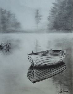 Elena Whitman 3d Pencil Sketches, Boat Sketch, Easy Pencil Drawings, Boat Drawing, Landscape Sketch, Pencil Drawings Easy, 흑백 그림, Water Reflections, 3d Drawings