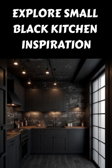 Explore small black kitchen inspiration. Black Cabinets Galley Kitchen, Small Kitchen With Black Cabinets, Small Black Kitchen Ideas, Black Kitchen With Wood, Black Cupboards Kitchen, Black Small Kitchen, Black Kitchen Paint, Small Kitchen Renovation Ideas, Small Black Kitchen