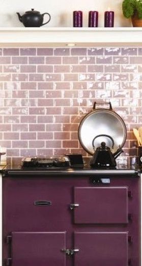 a dreamy lavender subway-tile kitchen backsplash Splash Back Ideas, Kitchen Splash Back, Subway Tile Backsplash Kitchen, Natural Stone Tiles, House To Home, Grey Backsplash, Purple Kitchen, Purple Bathrooms, Subway Tile Kitchen