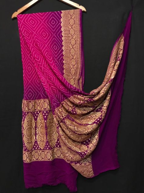 Bandhani Dupatta, Banarasi Sarees, Pink And Purple, Party Wear, Kimono Top, Thread, Dye, Saree, Pure Products