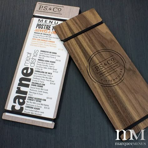 Custom Menu Holder With Silicone Menu Bands (Grafiti Brand Bands) FREE LASER ENGRAVING Wood Menu Holder, Wood Menu, Menu Design Inspiration, Menue Design, Vintage Diary, Custom Menu, Menu Designs, Menu Holders, Menu Boards