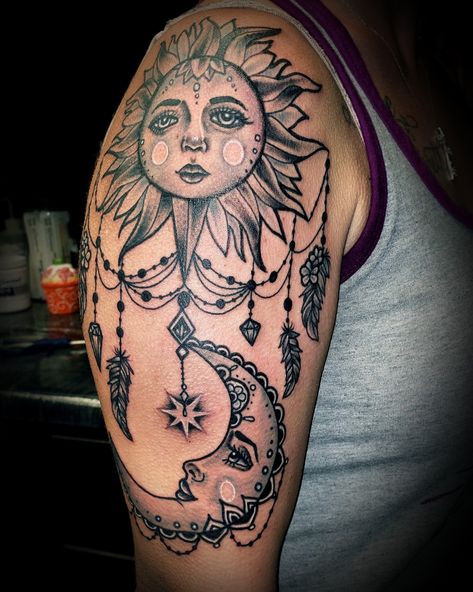 Elixir Tattoo, Star Sleeve Tattoo, Sun And Moon Design, Girl Shoulder Tattoos, Earthy Tattoos, Baby Tattoo Designs, Sun Tattoo Designs, Sun And Moon Tattoo, Beautiful Tattoos For Women