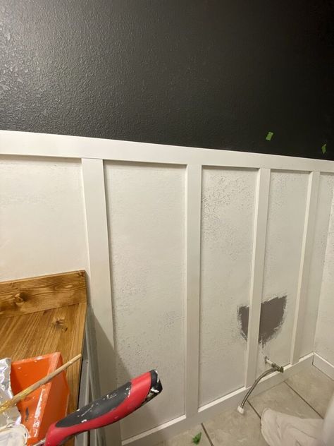 This project is an easy way to install your own "board" and batten. There are no boards, only battens made from inexpensive MDF! Let's get into the steps you need to install your own!   You'll need joint compound and a knockdown knife and, if needed, drywall repair kits. I had two holes to cover. The paint I used for the top part of the walls was Sherwin Williams "Carbonized". Determine how far up the battens are going to go and mark. If you have textured walls, use joint compound to s… Textured Walls Board And Batten, Textured Walls In Bathroom, Batton Board On Textured Walls, Textured Board And Batten, Board And Batten Wall With Textured Walls, How To Update Textured Walls, Covering Up Textured Walls, Cover Up Textured Walls, Board And Batten On Plaster Walls