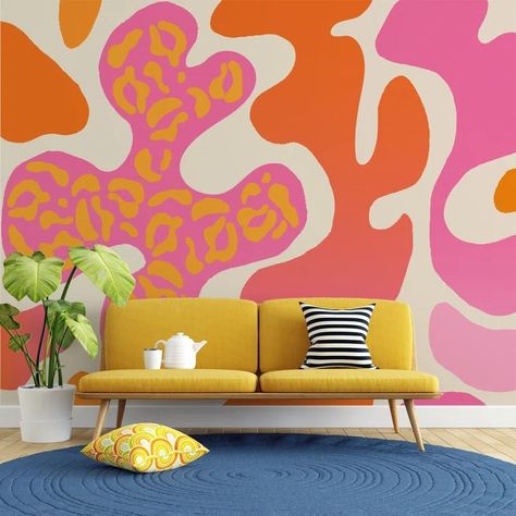 wallpaew Colorful Quirky Wallpaper - Wayfair Canada Pink Wall Print, Quirky Wallpaper, Pink Laundry Rooms, Kids Room Wall Murals, Murs Roses, Best Bedroom Colors, Office Wallpaper, Bold Wallpaper, Colourful Living Room