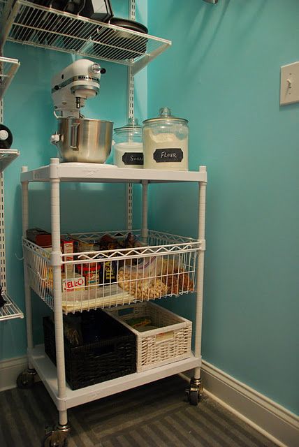 A baking cart in the pantry- just roll it out when you need to bake. Baking Center, Massive Kitchen, Baking Station, Pantry Makeover, Modern Closet, Pantry Organization, Walk In Pantry, Kitchen Pantry, Kitchen Aid Mixer