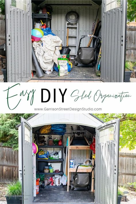 Easy DIY Shed Organization | ©GarrisonStreetDesignStudio | DIY | Easy | Shed | Organization | Outdoor | Storage | Ideas | Backyard |  Build | Backyards | House | Design | Garden | Ideas Backyard | Makeover | Storage Ideas | Small | Vinyl | Suncast | 7x7 | Bike | Pool | DIY Storage | Tools | Lawnmower | Wheelbarrow  | Yard | Cute | Gray | Pool House | Shelving Ideas | Interior | Garden | Floor | Hanging | 2x4 | Wall Storage | Rubbermaid | Tuff | Lifetime | Cascade | Storage Shed | Plastic Plastic Sheds Ideas Backyard, Lifetime Shed Ideas, Outdoor Shed Organization Ideas, Plastic Shed Storage Ideas, Lifetime Shed Organization, Suncast Shed Organization Ideas, Plastic Shed Makeover, Outdoor Shed Organization, Lawnmower Shed