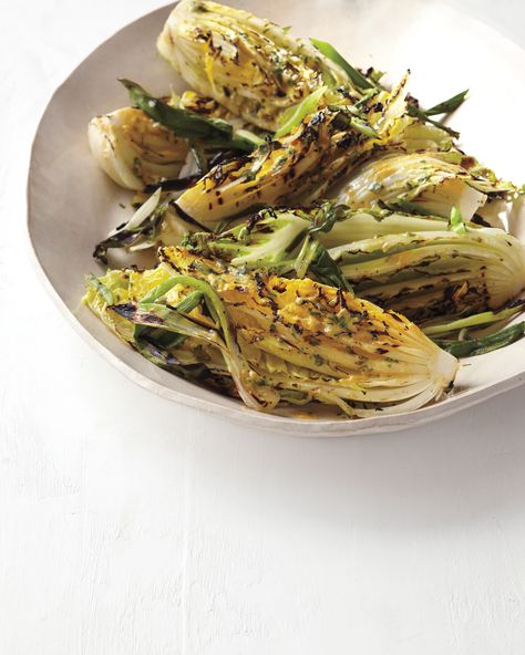 Grilled Napa Cabbage with Chinese Mustard Glaze and Scallions Napa Cabbage Recipes, Asian Cabbage, Scallions Recipes, Chinese Mustard, Grilled Cabbage, Hot Mustard, Vegan Barbecue, Healthy Grilling Recipes, Healthy Grilling