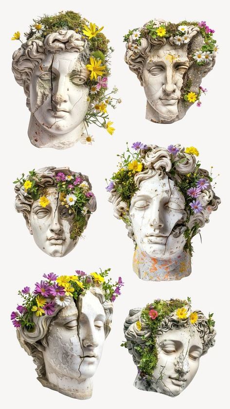 Editable floral statue head design element set | premium image by rawpixel.com / Techi Greek Elements, Ancient Statues, Floral Tattoo Sleeve, Angel Statues, Free Design Resources, Listening To Music, Design Element, Ancient Art, Creative Studio