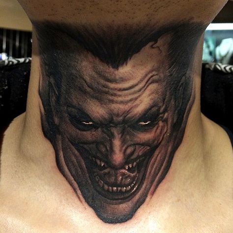 Sick realistic black and white joker face neck tattoo by Bob Tyrrell. Terrific job! Joker Neck Tattoo, Unique Tattoo Ideas For Men, Unique Tattoo Ideas, Joker Face, Joker Tattoo, Tattoo Ideas For Men, Creepy Tattoos, Tattoo Script, Unique Tattoo