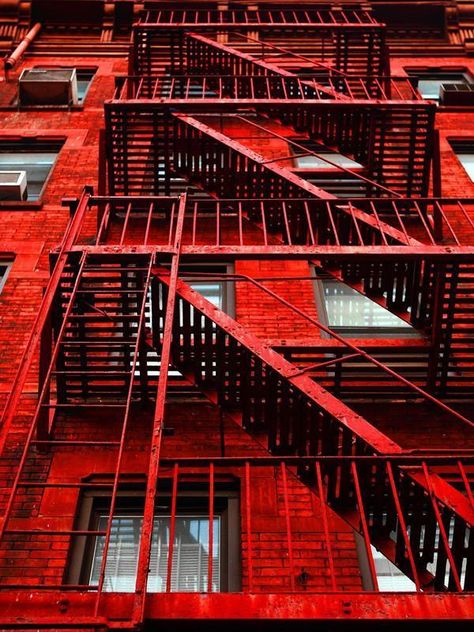 Red Apartment, Building Wall, Red Pictures, Fire Escape, Custom Wall Murals, Apartment Aesthetic, Urban Architecture, Picture Collage Wall, Photo Wall Collage