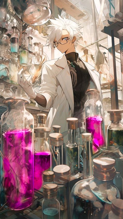 Lab Character Design, Male Scientist Art, Fantasy Scientist Art, Lab Experiment Oc Art, Scientist Painting, Test Subject Character Design, Scientist Oc Art, Anime Scientist, Lab Experiment Oc