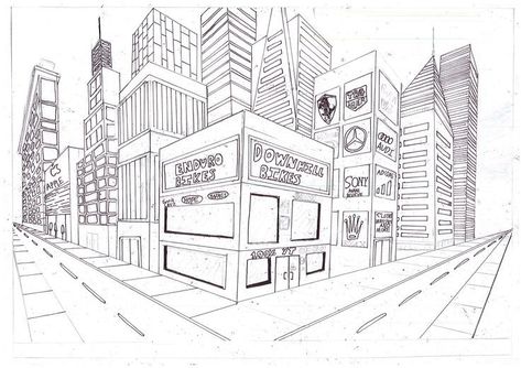 Building Drawing 2 Point Perspective, 3 Point Perspective Cityscape, 2 Perspective Building, Two Point Perspective Drawing Buildings, 2point Perspective Drawings, 2 Point Perspective Drawing Cities, City Perspective Drawing, Two Point Perspective City, 2 Point Perspective City