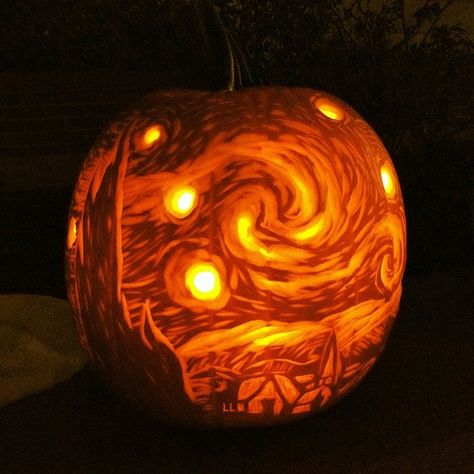 Carved a starry night pumpkin for a contest :D Starry Night Pumpkin Carving, Starry Night Pumpkin, Pumpkin Carving Night, Decorate Halloween, Pumpkin Carved, Pumpkin Carving Tools, Carving Station, Pumpkin Carving Contest, Bee Classroom