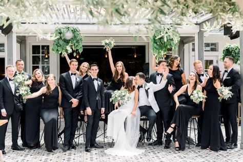 Wedding Party In Black, Black And White Wedding Theme, Black Bridesmaid, White Wedding Theme, Black Bridesmaids, Greenhouse Wedding, Dress Colors, Moody Wedding, Black White Wedding