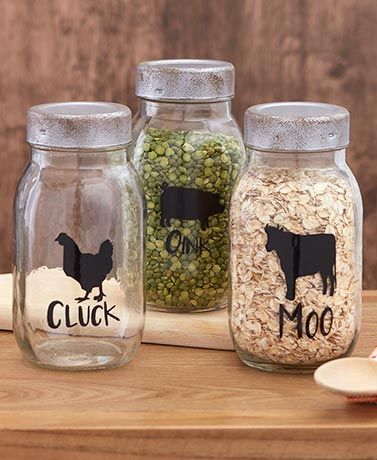 Farm Animal Pantry Storage Mason Jars. These are only $11 per set! Kitchen Cabinet Storage Ideas, Unique Kitchen Storage, Cabinet Storage Ideas, Rolling Pin Crafts, French Country Wall Decor, Kitchen And Pantry, French Country Decorating Kitchen, Mini Vases, Pin Crafts