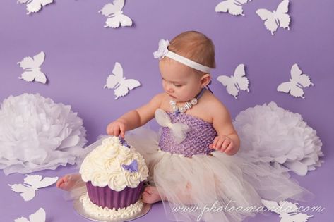 White Butterfly Cake, Purple Cake Smash, Butterfly Cake Smash, Butterfly Birthday Party Decorations, Cake Smash Theme, Baby Birthday Photoshoot, Cook Photography, Cupcake Birthday Party