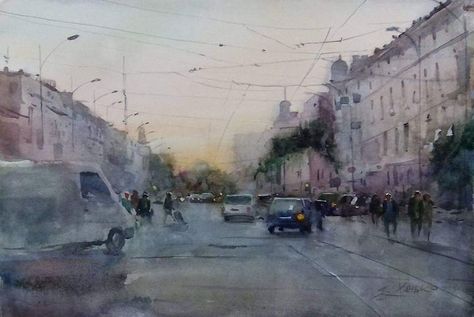 Sunset on Tiraspolska street. Odessa - Yaroslav Khanko - Paintings & Prints, Landscapes & Nature, Cityscapes, Other Cityscapes - ArtPal Thomas Schaller, Art Mini Toile, Joseph Zbukvic, Cat Air, 수채화 그림, Tableau Art, Watercolor Landscape Paintings, Watercolor Artists, Watercolor Paintings Tutorials