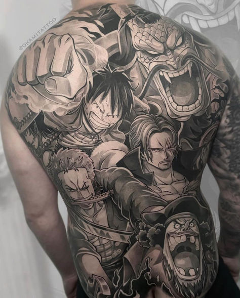 Kaido Tattoo Ideas, Kaido One Piece Tattoo, Shanks Tattoos Ideas, Shanks Tattoos, Blackbeard Manga, Zoro One Piece Tattoo, Luffy Tattoo Ideas, One Piece Tattoo Ideas, Piece Tattoo Ideas